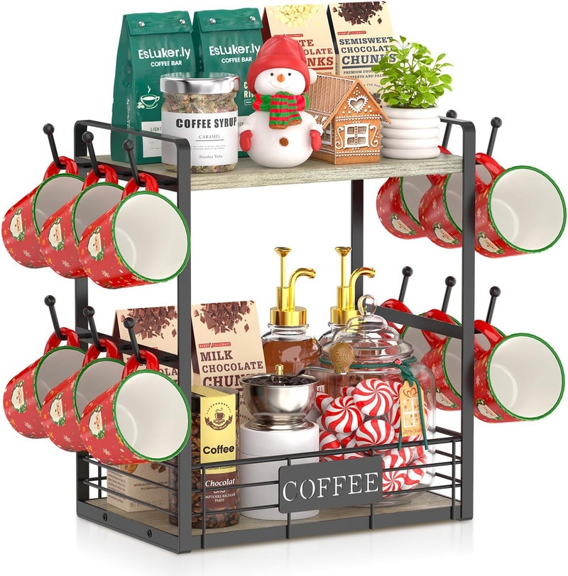 EsLuker.ly Coffee Mug Cup Holder Stand Bar Station Organizer for Countertop, Multi-Functional 2 Tier Mug Tree Rack for Kitchen, Storage Shelf with 12 Hooks, Light Grey-Black(Patented Design) - Image 1